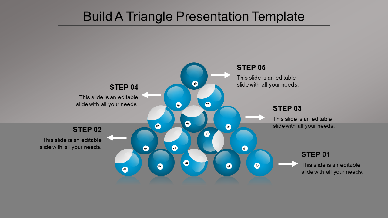 Blue triangle PPT template with numbered steps 1 to 5 arranged in a triangular formation with arrows pointing to each step.
