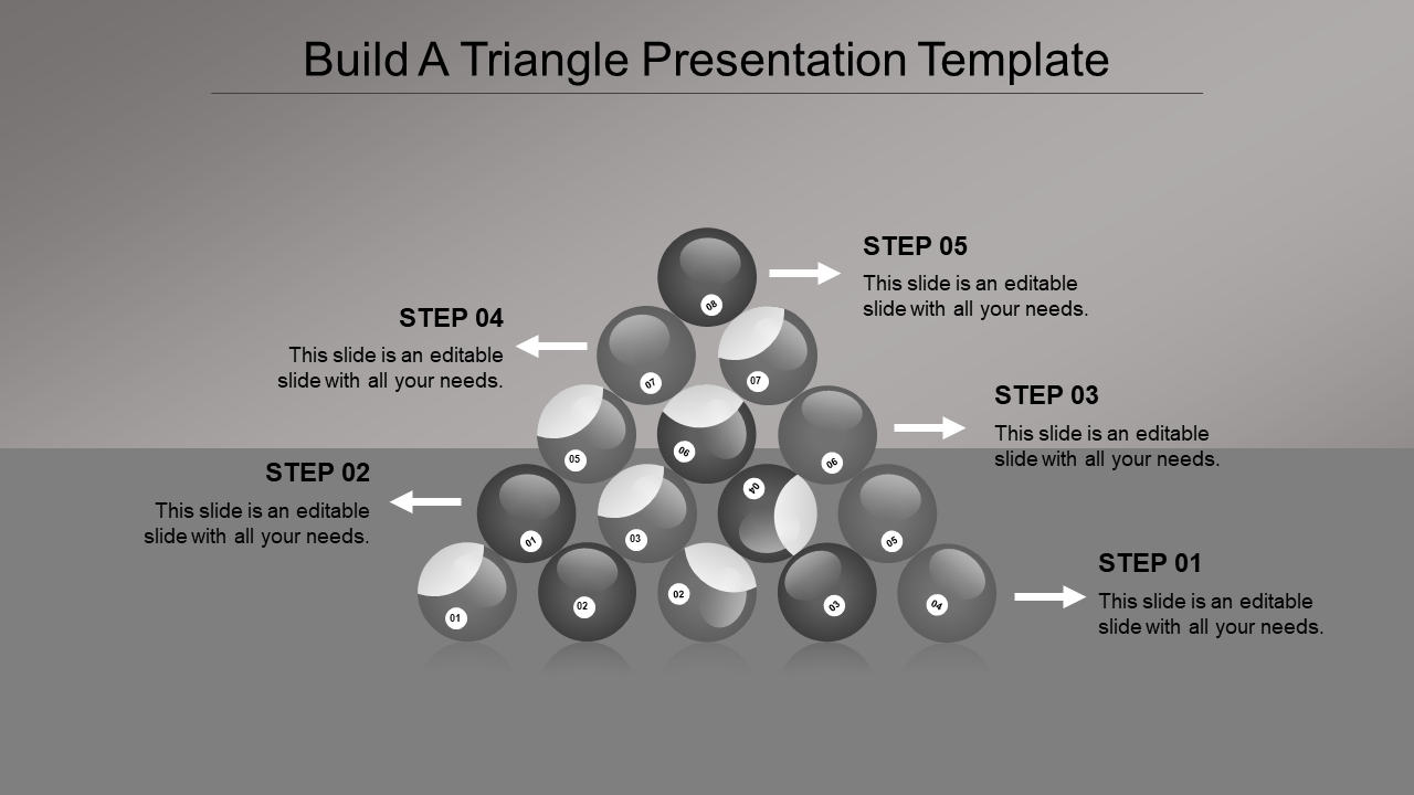 Grey triangle PPT template with numbered steps 1 to 5 arranged in a triangular formation with arrows pointing to each step.