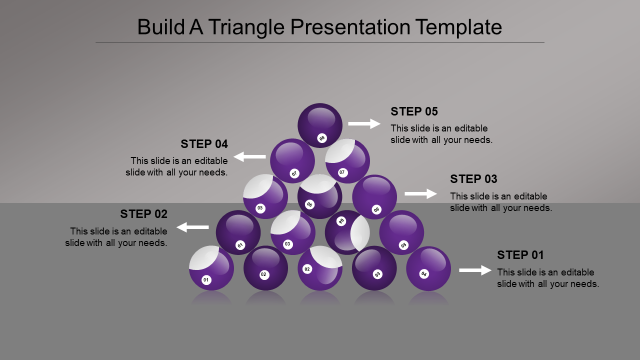 A pyramid of purple balls numbered 01 to 08, with arrows pointing to five steps, showing the process of building a triangle.
