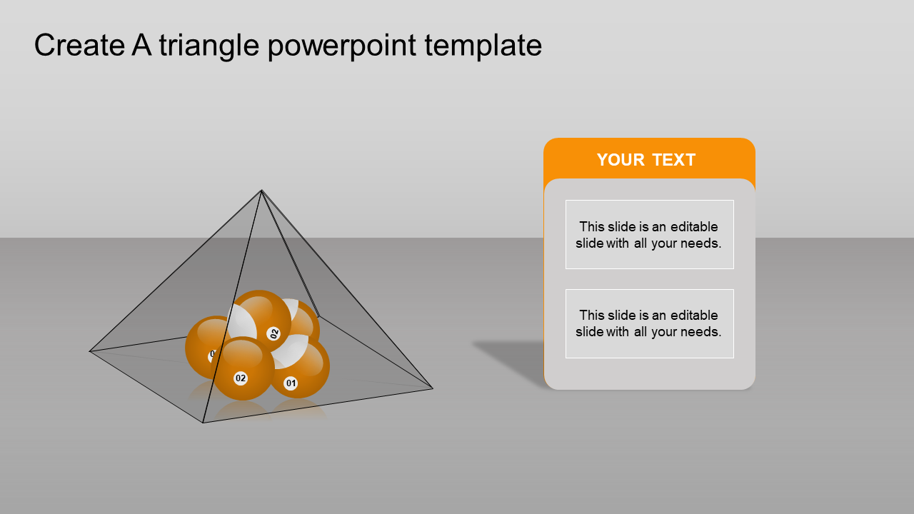 A triangular pyramid containing numbered orange balls, with a text box on the right for content.