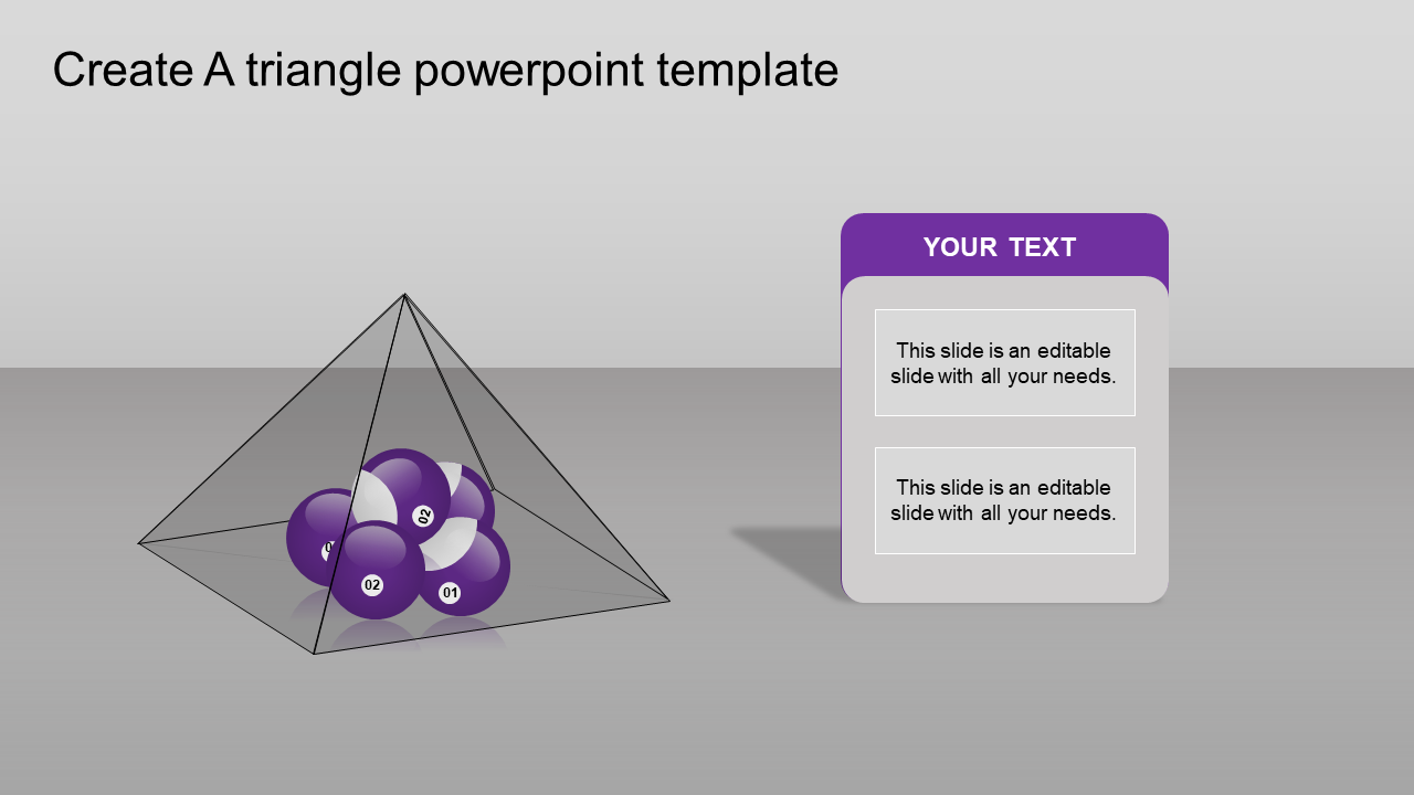 Triangle PPT template with numbered purple spheres arranged inside a pyramid structure, accompanied by a text box.