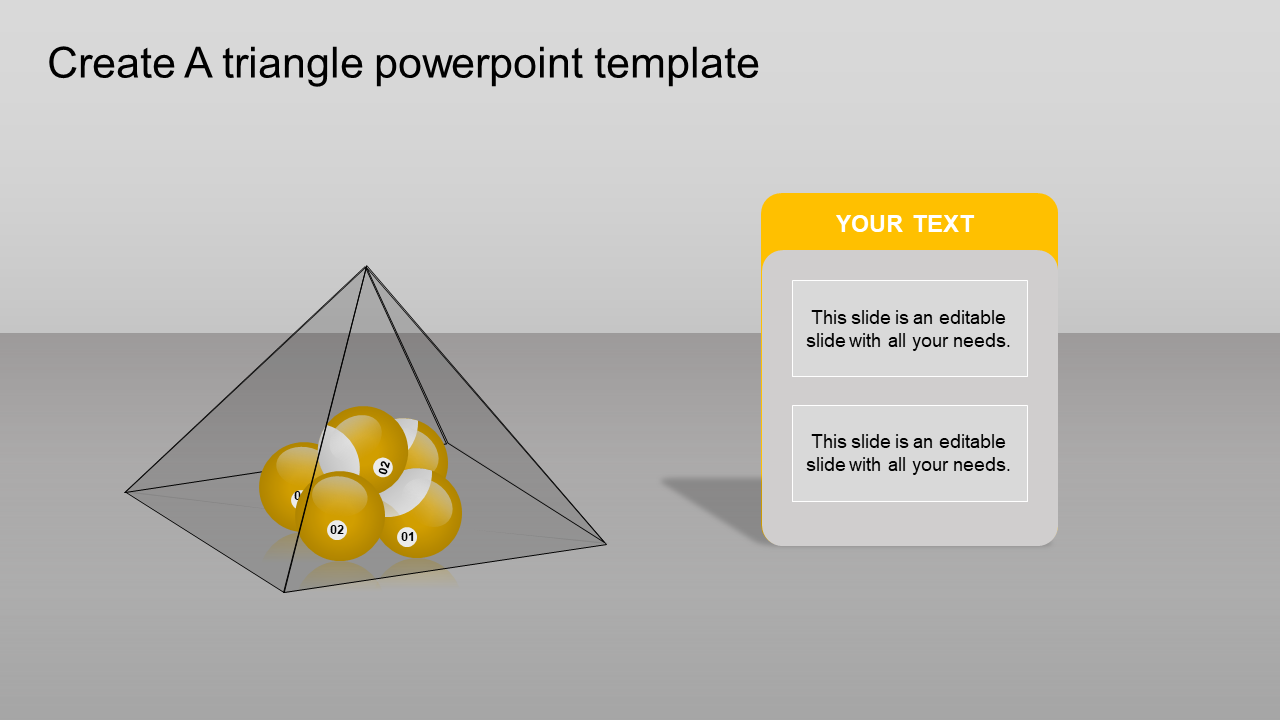 3D pyramid of yellow balls with numbers inside, paired with a text box on the right, set against a gray background.