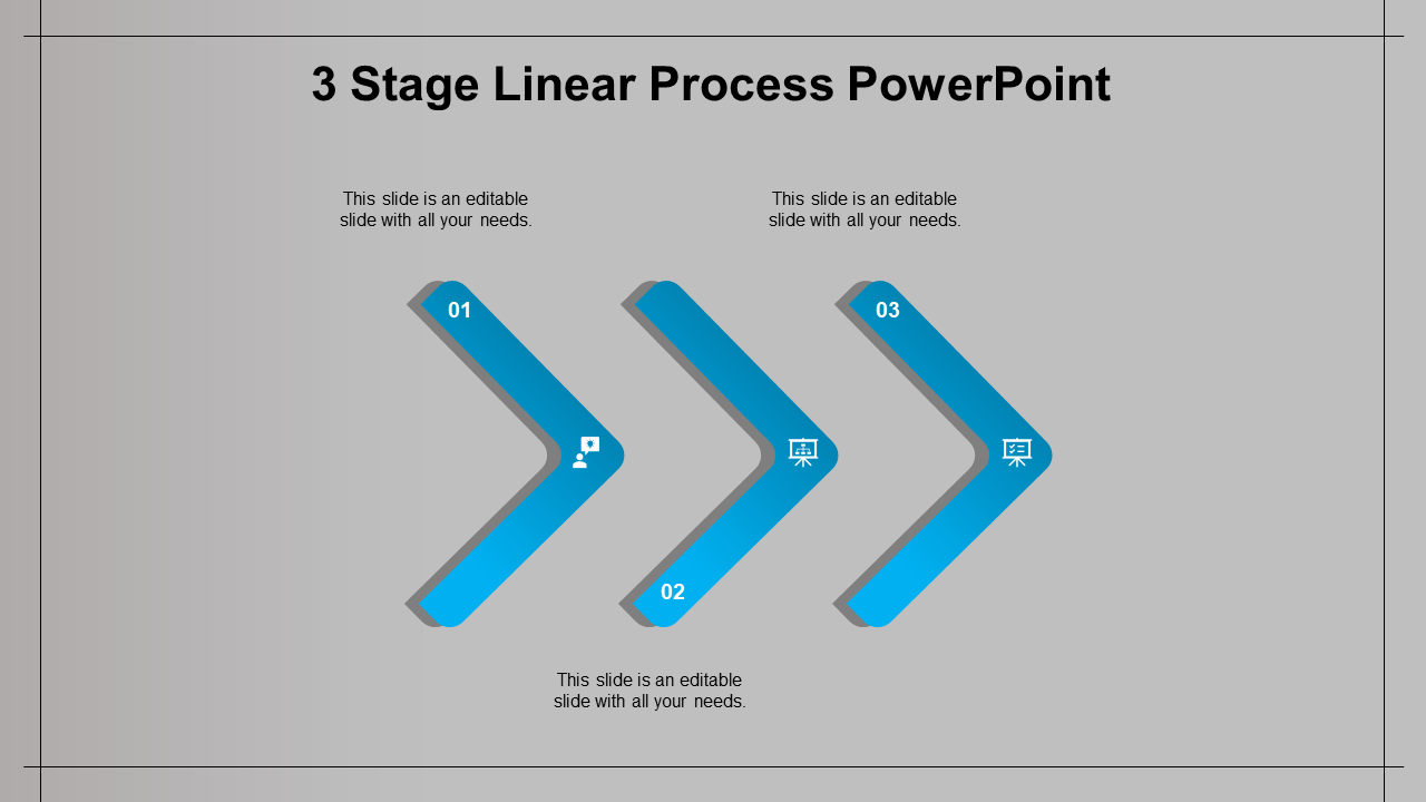 Linear process flow with three gradient red-blue arrows labeled 01 to 03, each containing white icons on a gray backdrop.