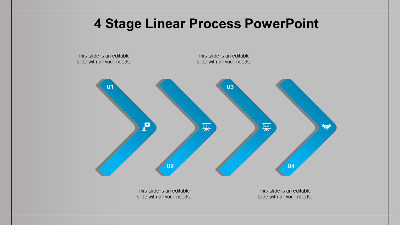 A 4 stage process PowerPoint template featuring blue arrows with corresponding icons.