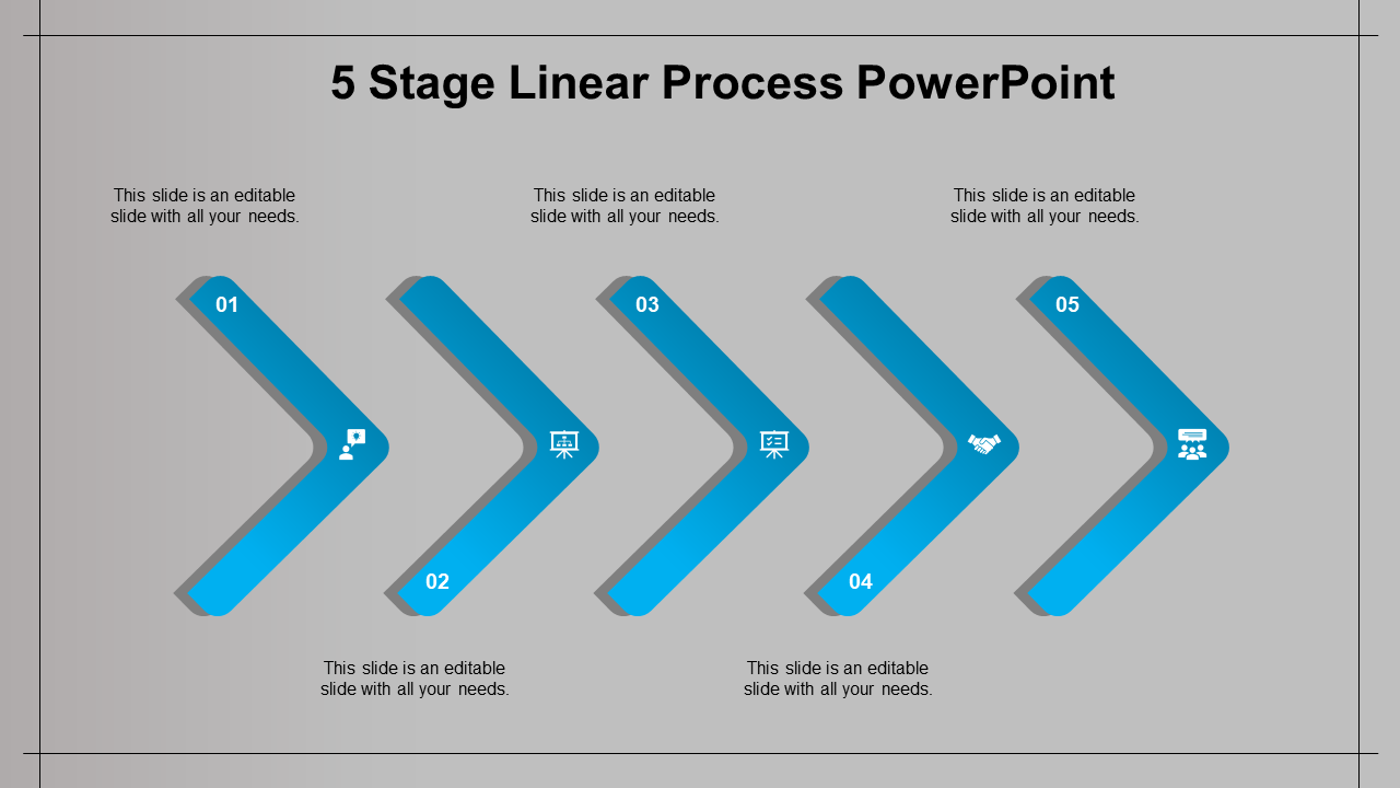 Five stage process diagram with blue chevron arrows, arranged in a horizontal flow on a gray background.