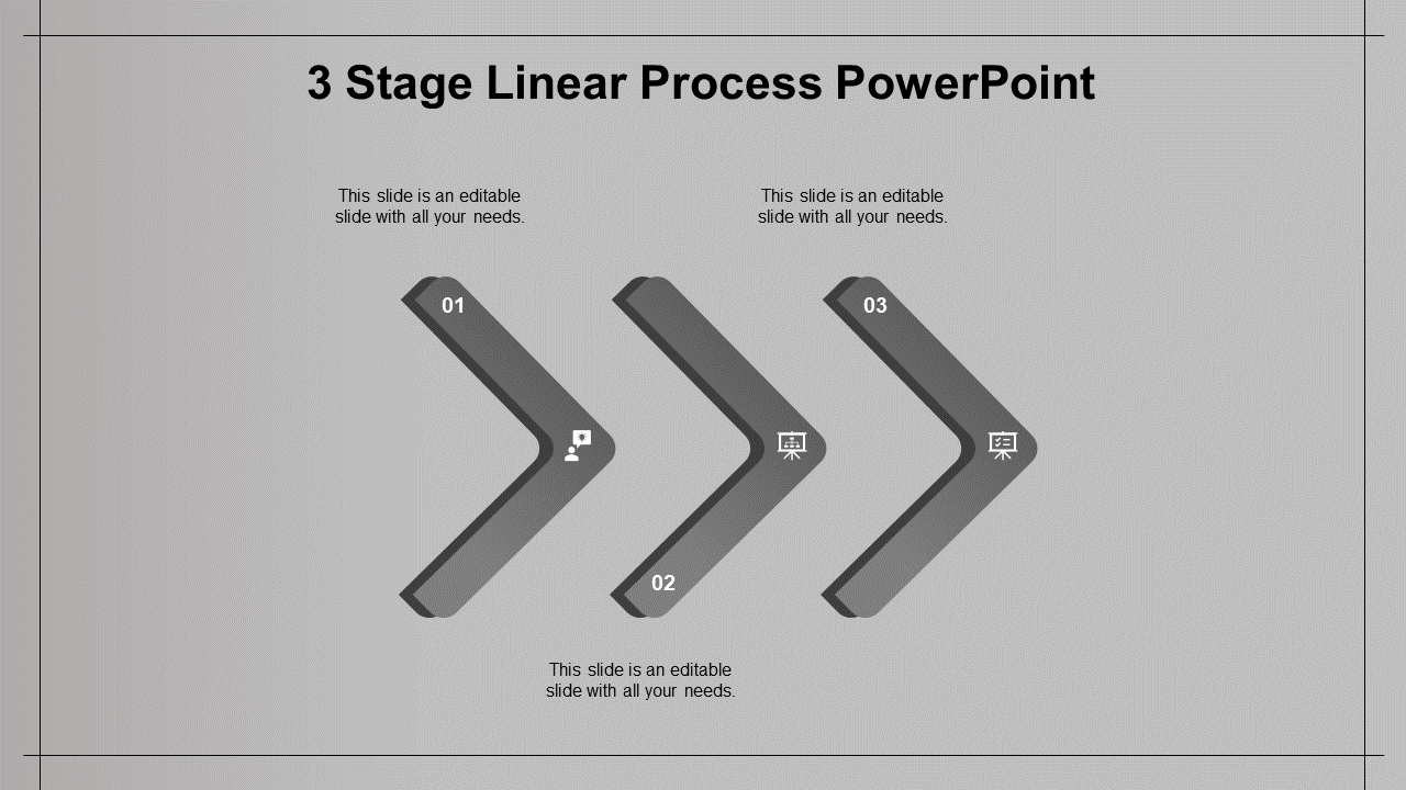 Three step process diagram with blue chevrons numbered 01 to 03 featuring white icons on a gray background.