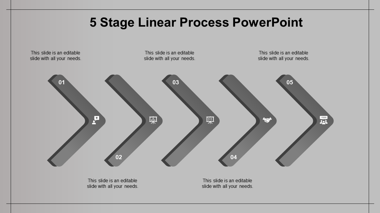 Five stage linear process diagram with gray chevron arrows numbered 01 to 05 on a gradient gray background.