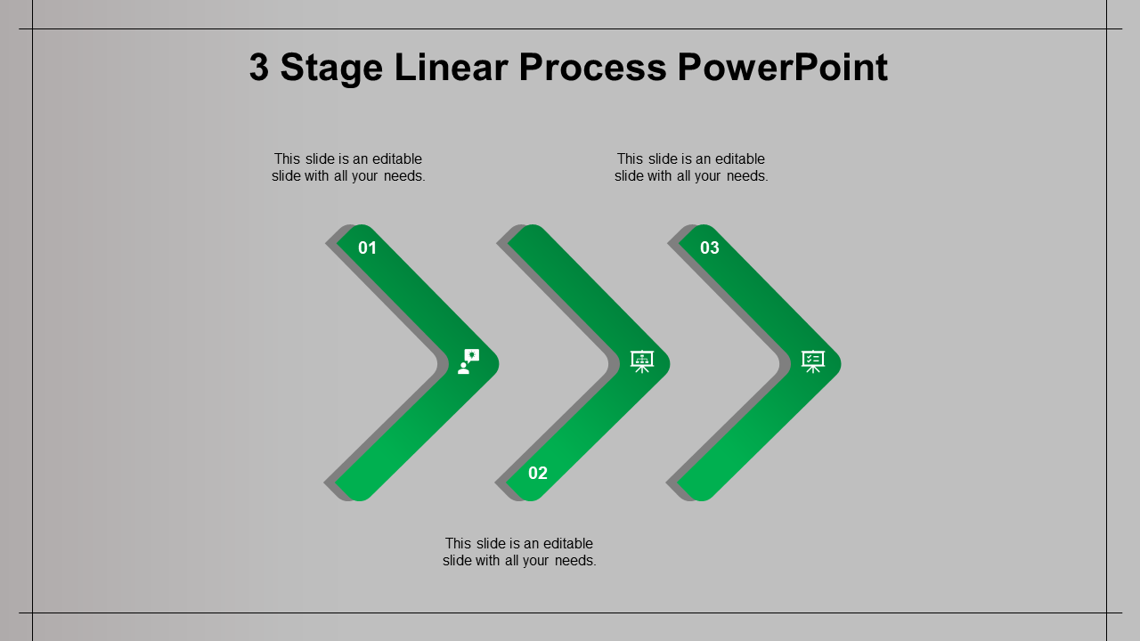 A PowerPoint slide showing a 3 stage linear process with steps marked by green arrows with placeholder text.