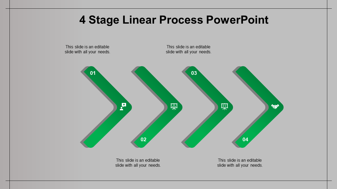 Visually appealing four stage process diagram with green chevron arrows, arranged in a horizontal flow on a gray background.