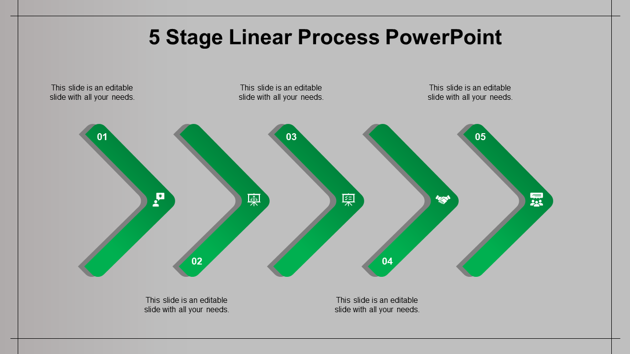 Horizontal timeline with five gray arrows numbered 01 to 05, alternating above and below a central gray line.