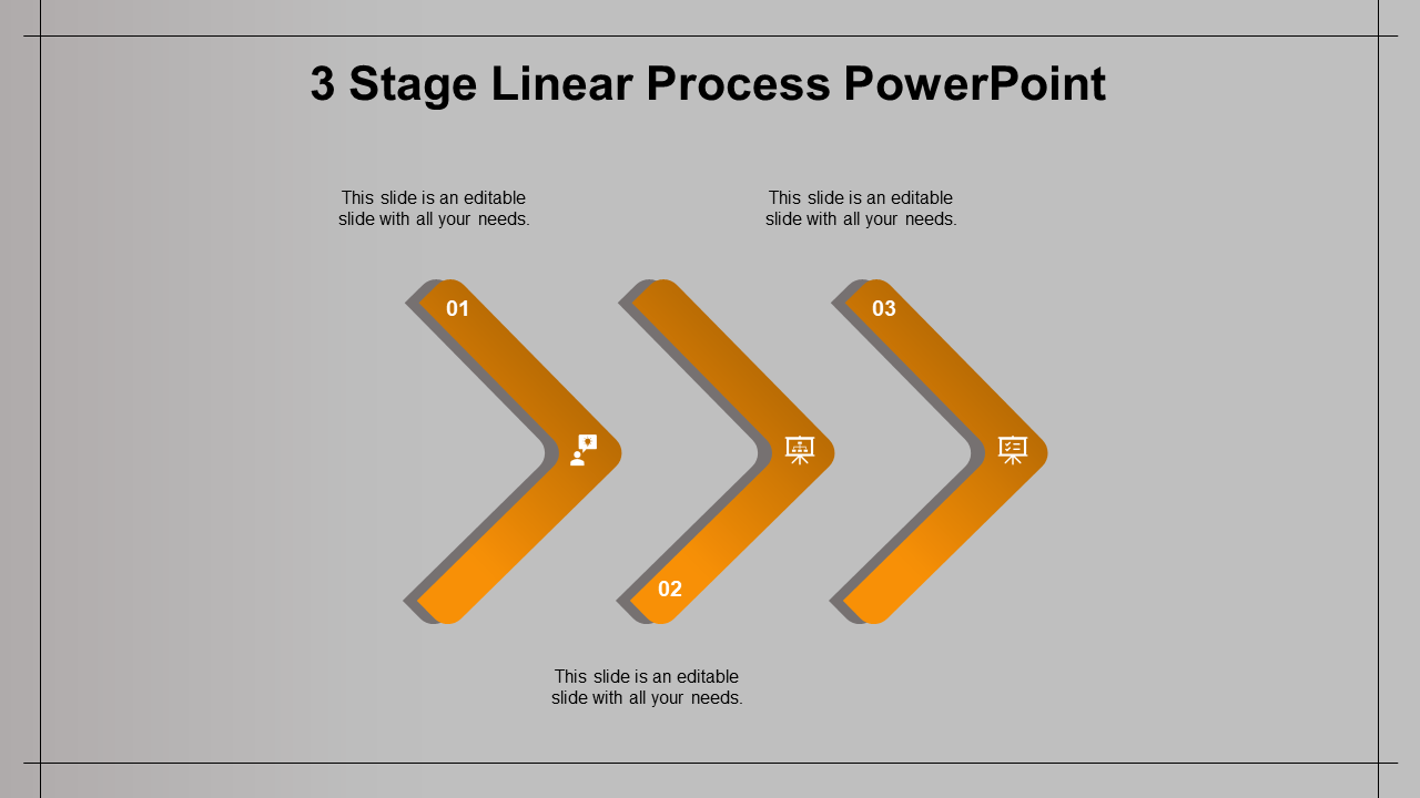 Three stage linear process diagram with orange chevron arrows numbered 01 to 03 on a gray background.