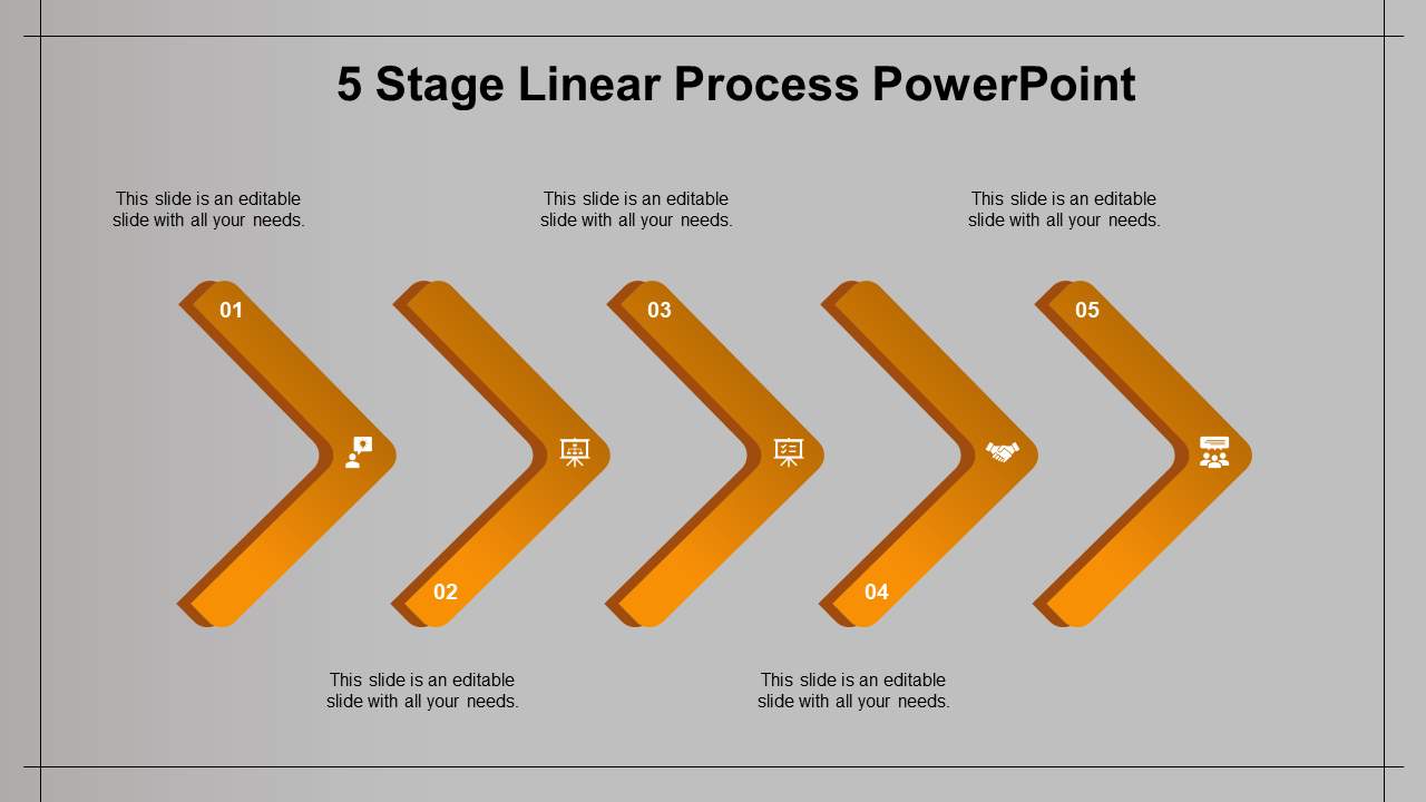 A PowerPoint template with five orange arrows for illustrating a process flow, each step has space for descriptions.
