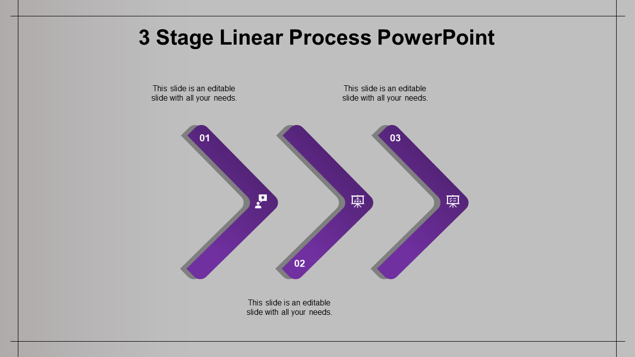 A purple 3 stage linear process PowerPoint template with icons representing each stage.