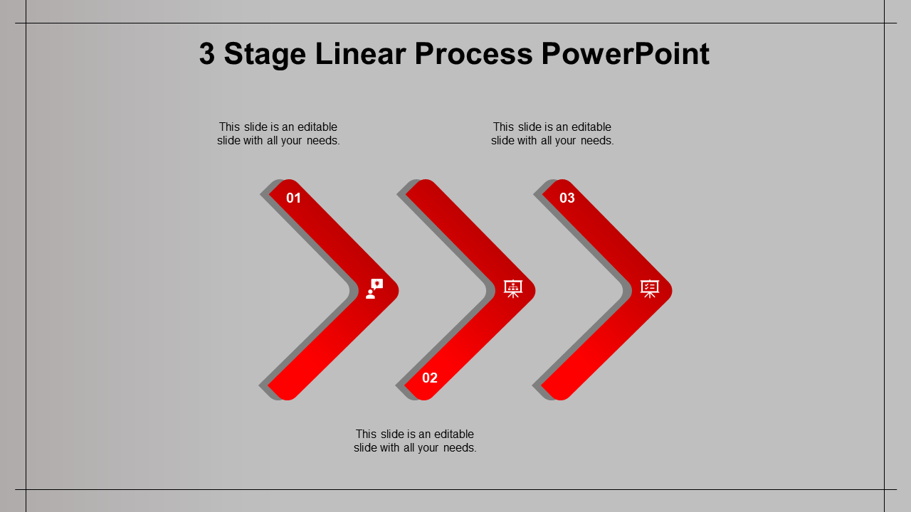 Linear template with three red arrow steps, each numbered and featuring an icon for process visualization.