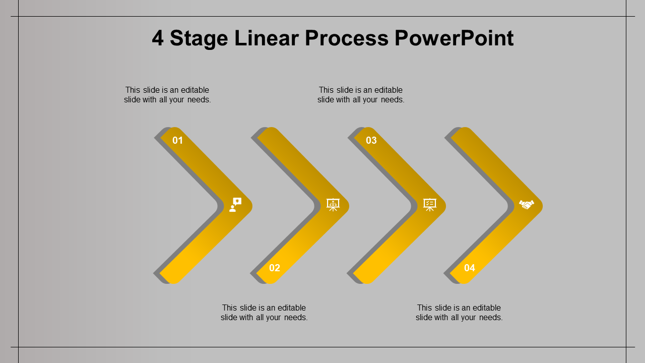Four stage linear process diagram with red chevron arrows numbered 01 to 04 on a gray background.