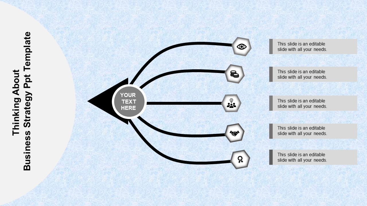 Business strategy slide with gray curved arrows branching from a central point, leading to five hexagonal icons and text.