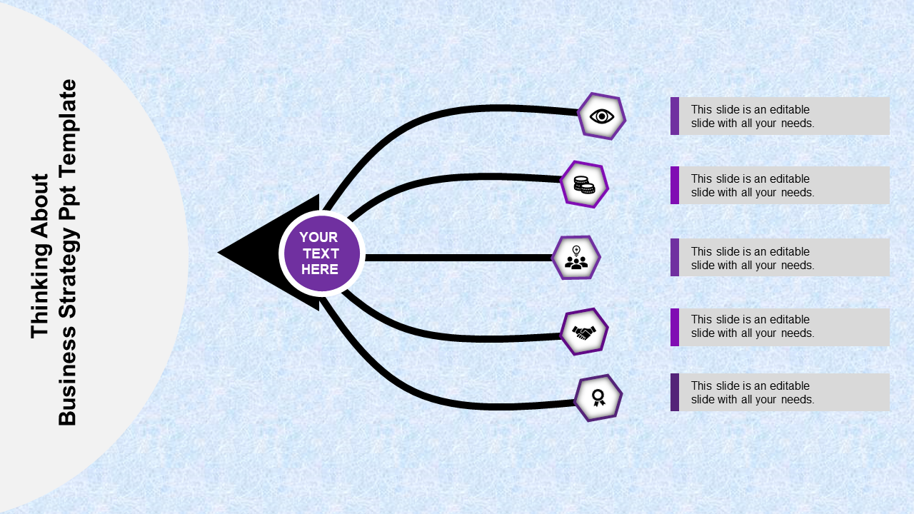 Business strategy diagram showing five green icons connected to a central green circle with text placeholders.