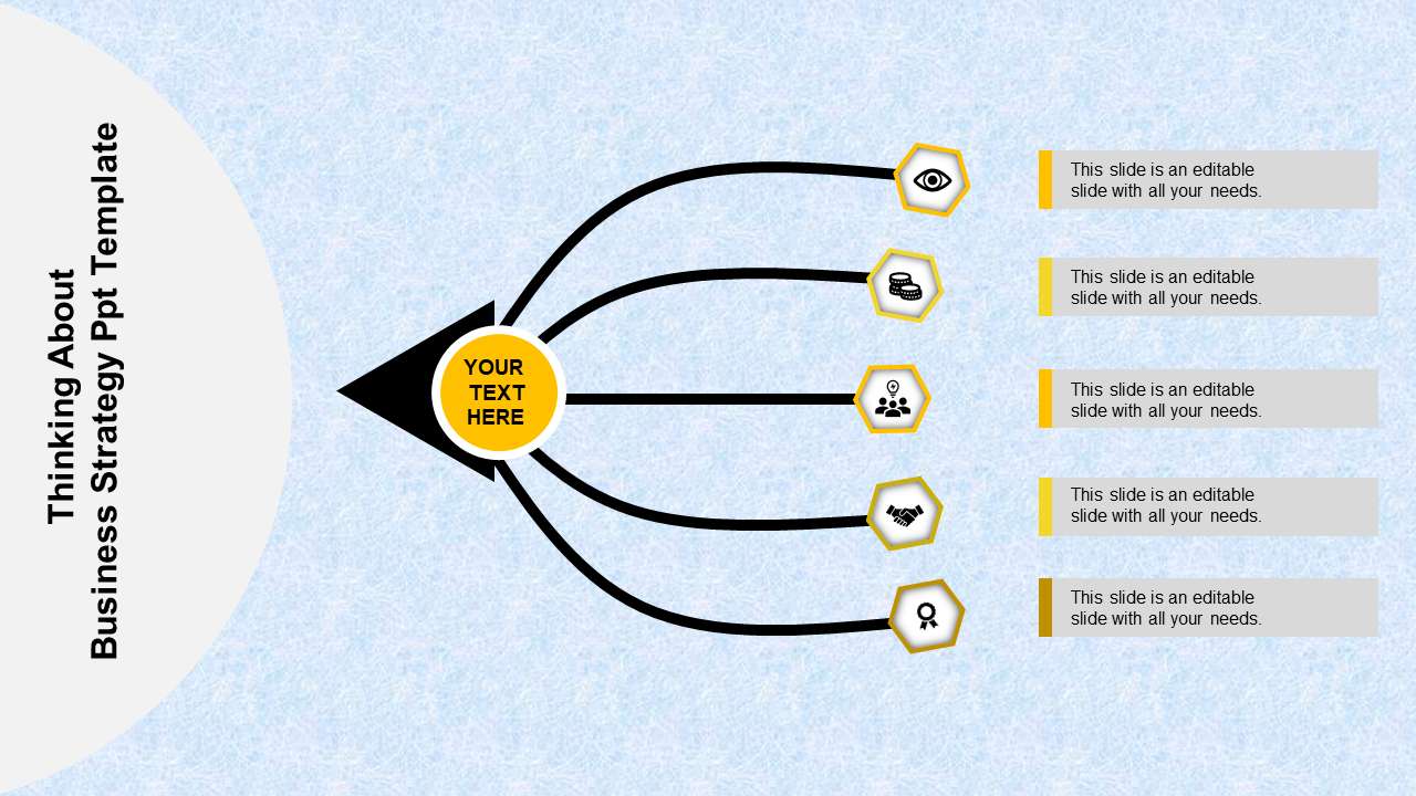 A business strategy PPT slide showing a central arrow with text and multiple branching arrows with yellow icons.