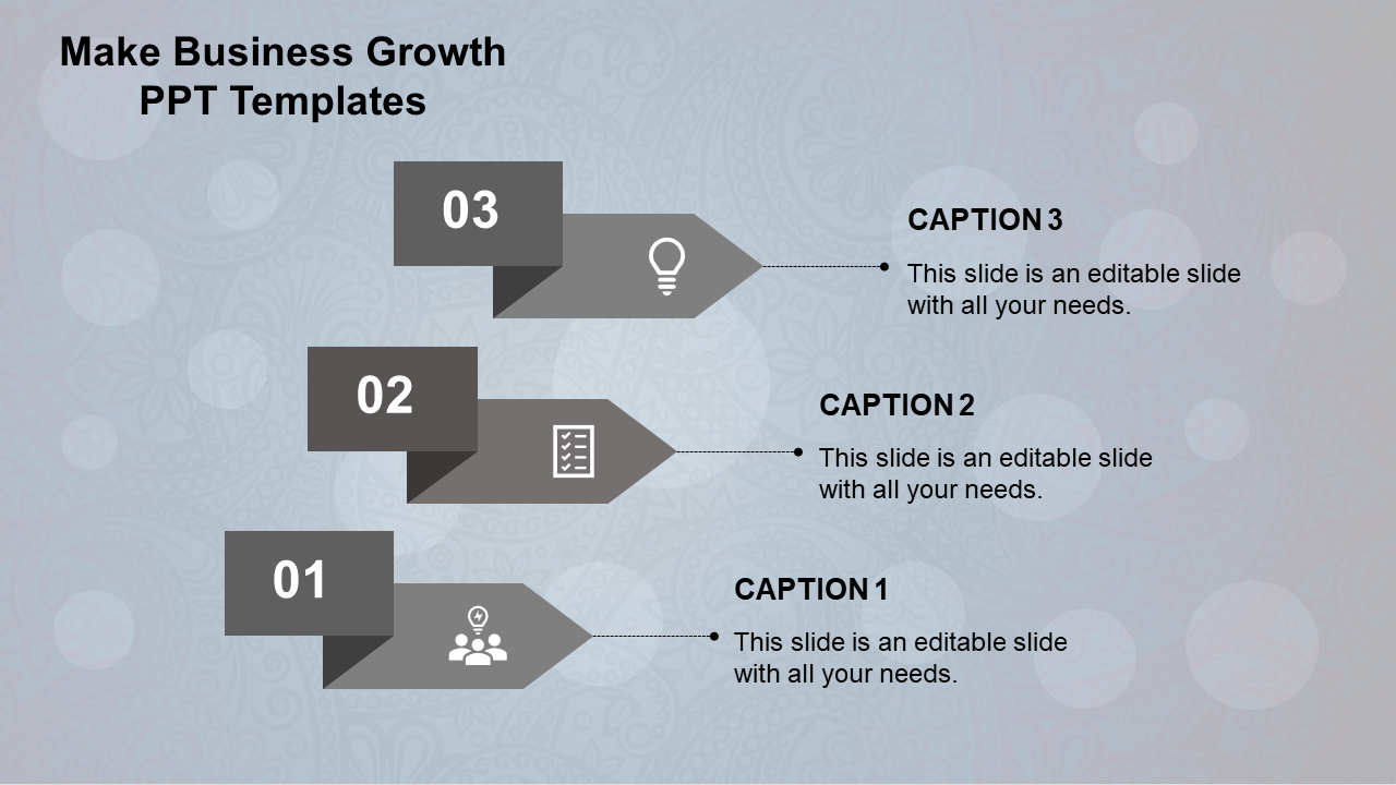 A business growth PowerPoint template with numbered steps, featuring grey arrows and captions.