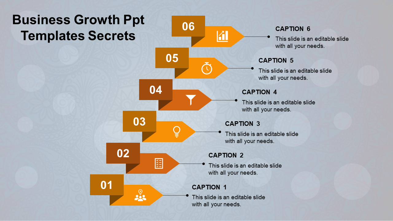 Business growth timeline with six blue arrow boxes featuring icons and connecting lines to text captions.