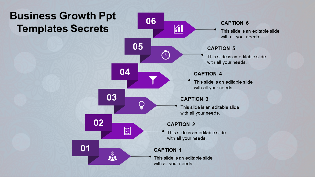 Business growth infographic with six purple arrows, each numbered and connected to captions on a patterned background.
