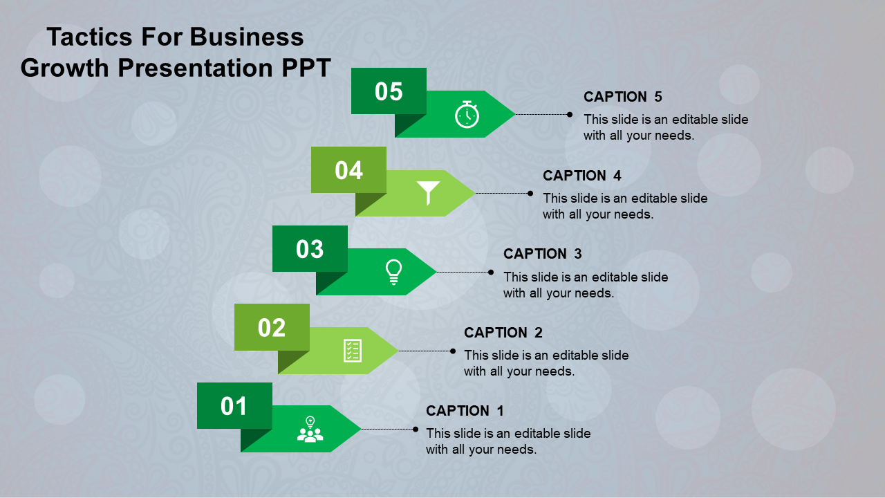 Business template with five green arrows, each numbered, leading to text on a soft gradient background.