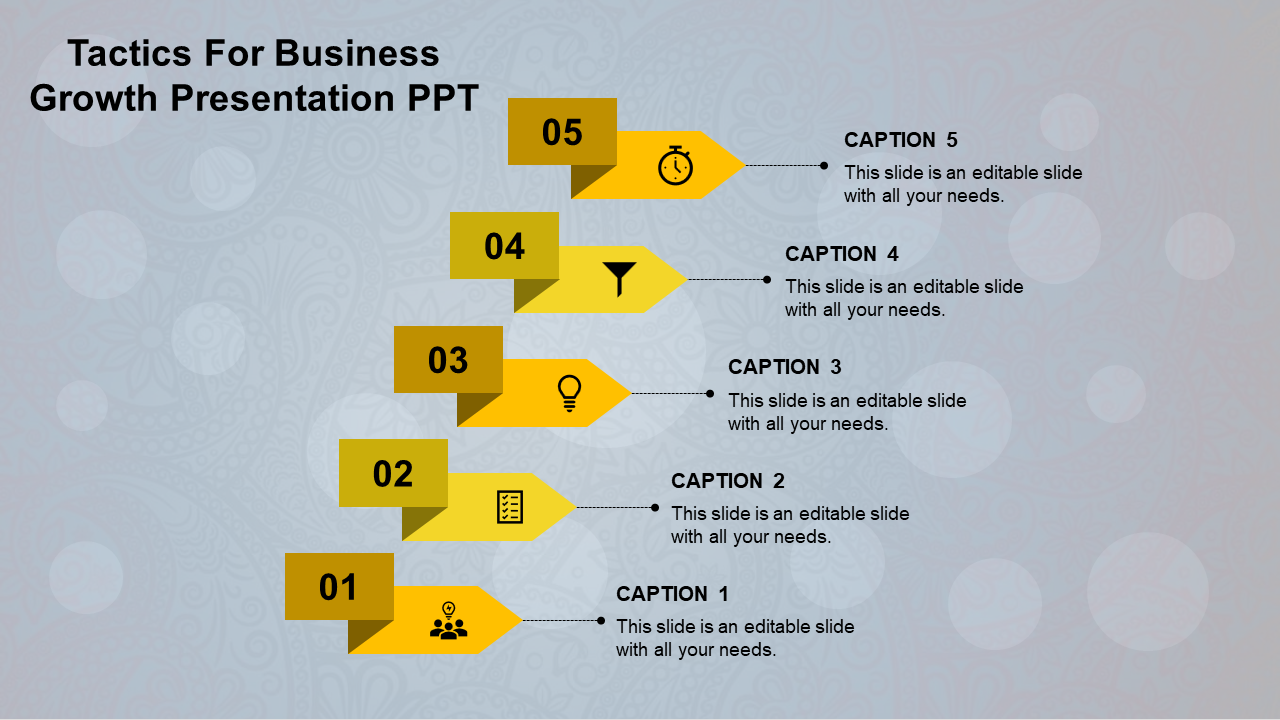 Red vertical timeline with numbered arrows and icons, linked to caption boxes detailing each growth step.