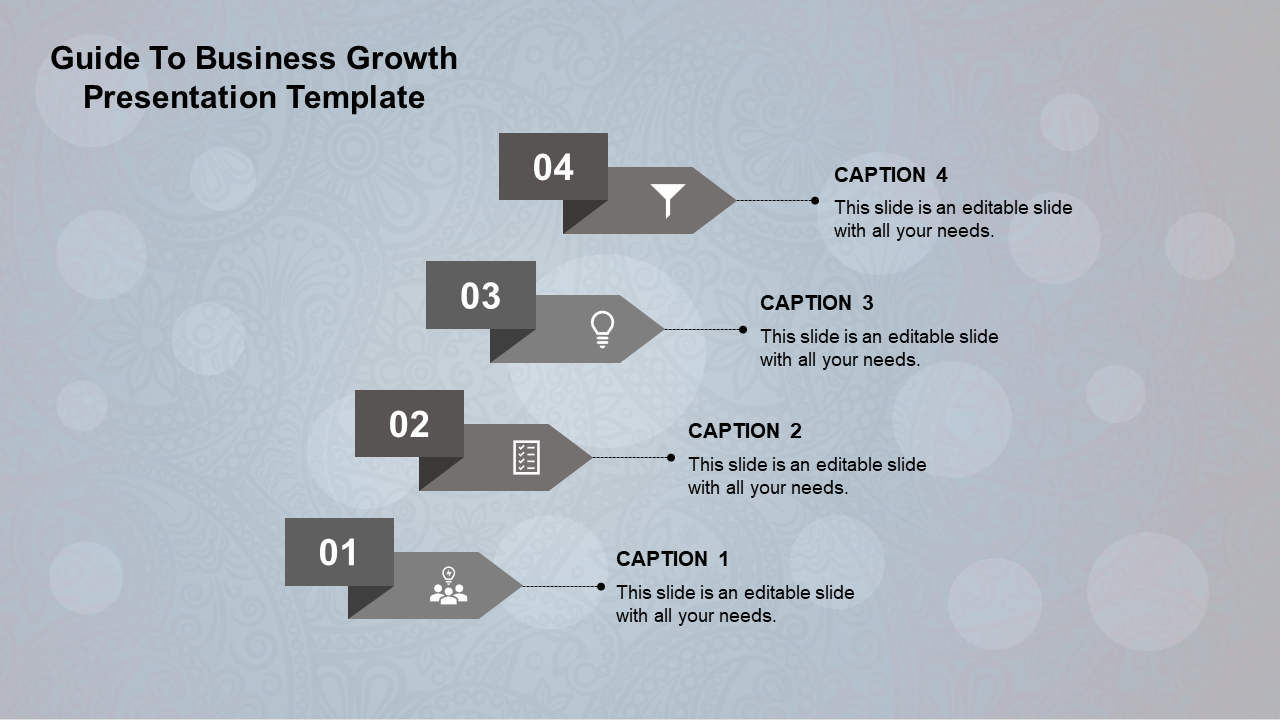 A gray themed business growth PowerPoint template with a step by step guide, incorporating icons for each phase.