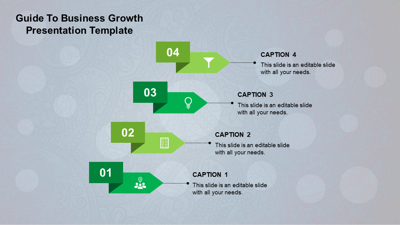 Business growth template with four numbered arrows in shades of green, aligned diagonally with corresponding captions.