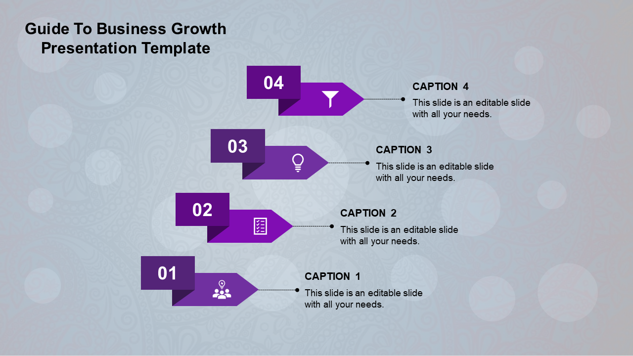 Vertical infographic with four purple arrow shaped steps on a patterned blue background, each linked to icons and captions.