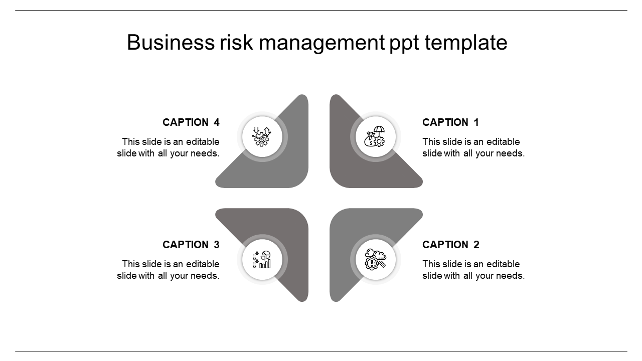 Four section business risk management layout with dark gray triangular shapes and circular icons in a cross arrangement.
