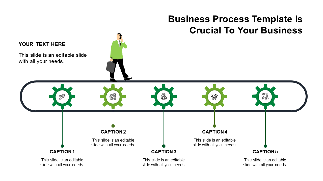 Business process layout with a horizontal belt, featuring five green gears, and a businessman in a suit walking forward.