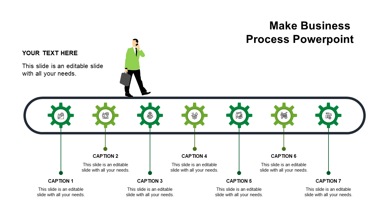 A business process PowerPoint template with green gears representing different stages, with captions and icons.