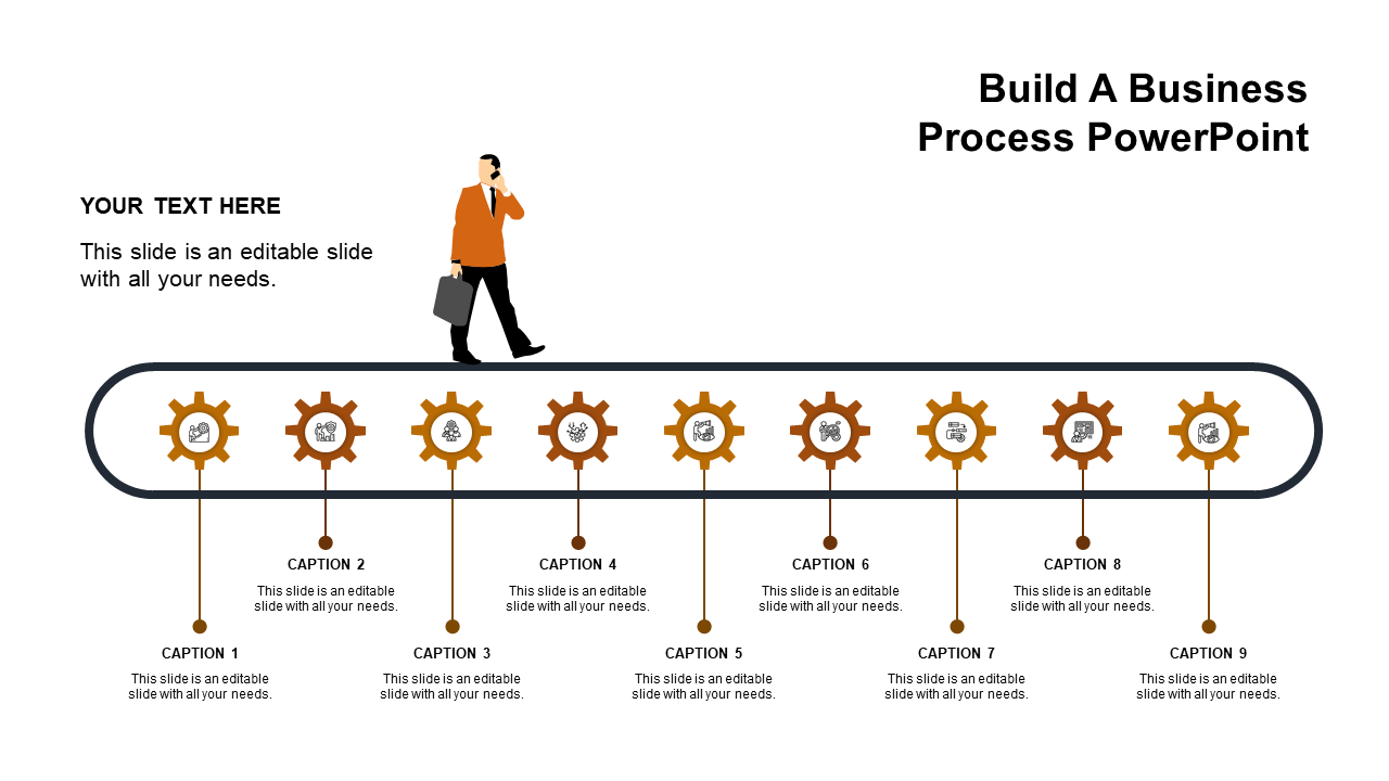 Horizontal conveyor belt timeline with nine yellow gear icons displaying business symbols, connected to captions below.