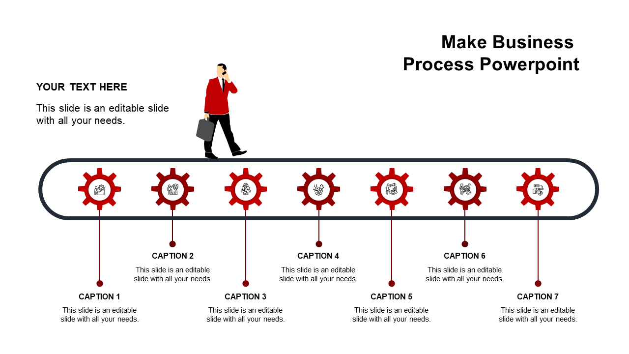 Business process diagram with seven red gear icons on a conveyor belt and a professional figure walking.
