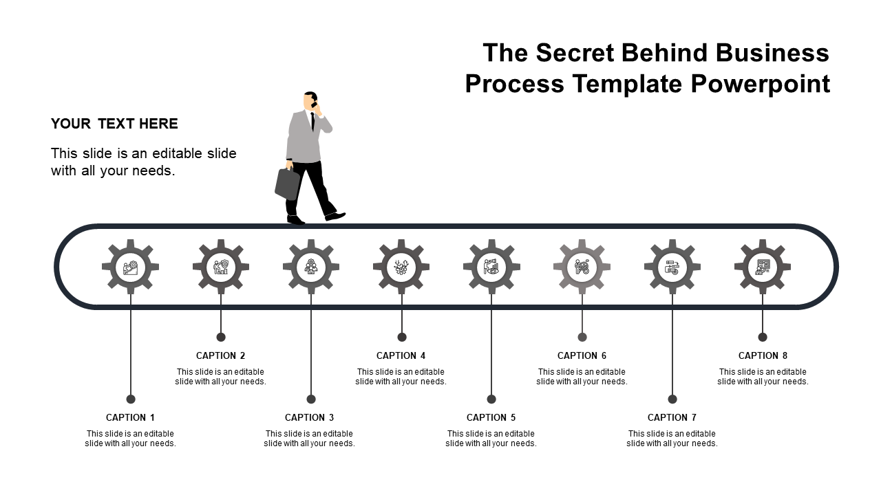 A business process PowerPoint slide featuring eight grey gears, each representing a step in the process with captions.