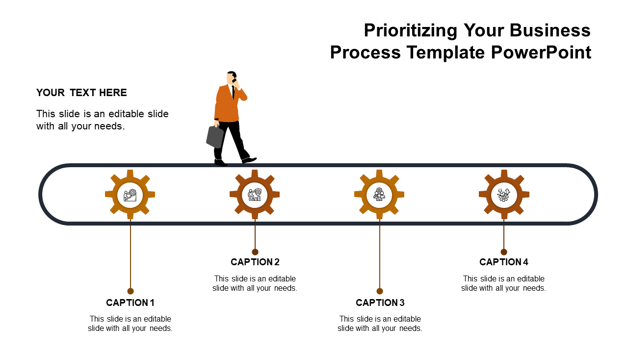 Business flowchart with a conveyor belt, featuring four orange gears, and a businessman representing progress.