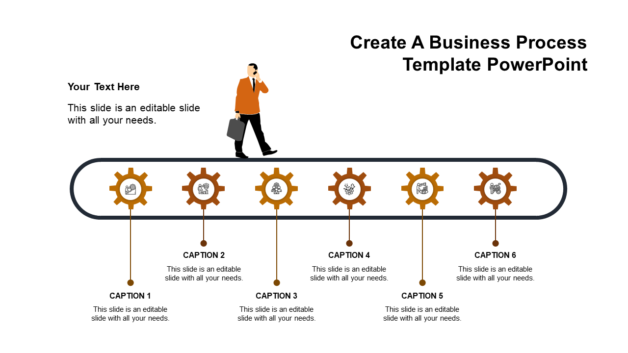 Business themed process slide with a horizontal track, six orange gear icons, and a businessman carrying a briefcase.
