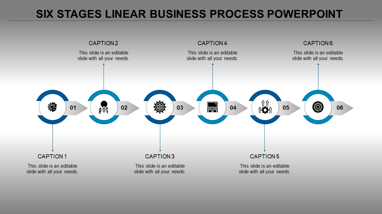 A six stage linear business process timeline template with blue circular markers, each featuring an icon and caption areas.