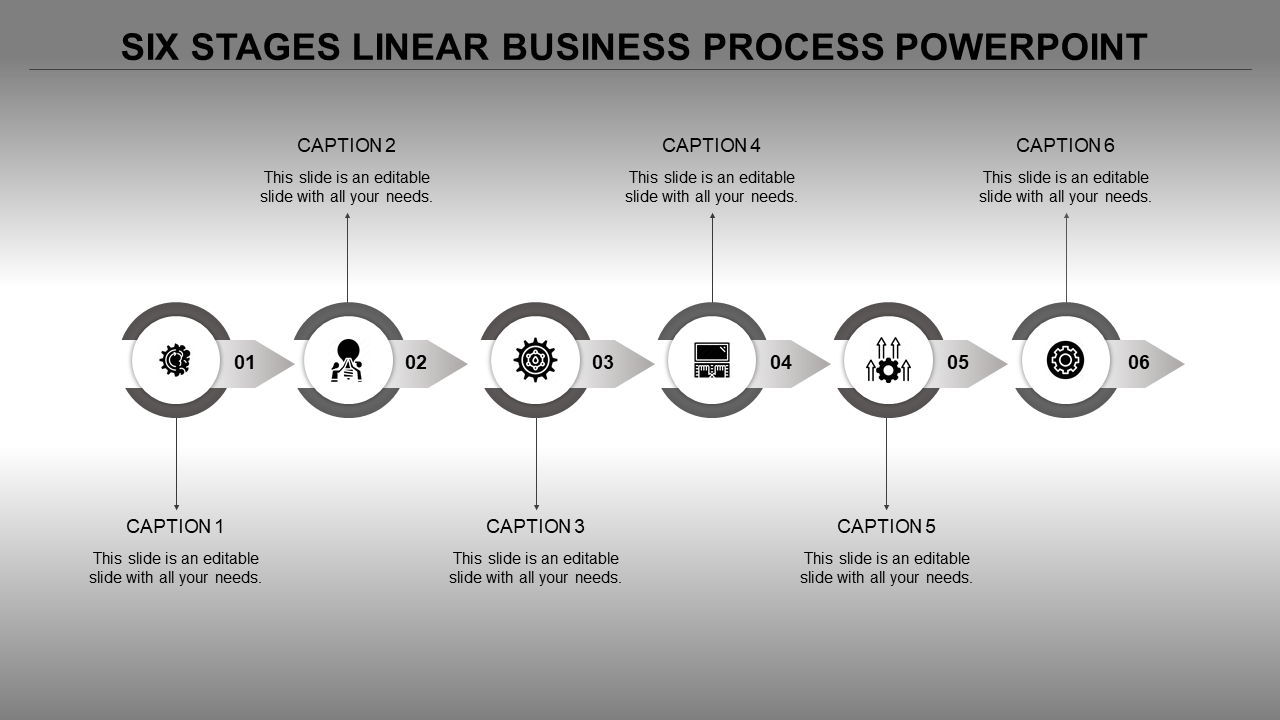A six stage linear business process timeline template with grey circular markers, each featuring an icon and caption areas.