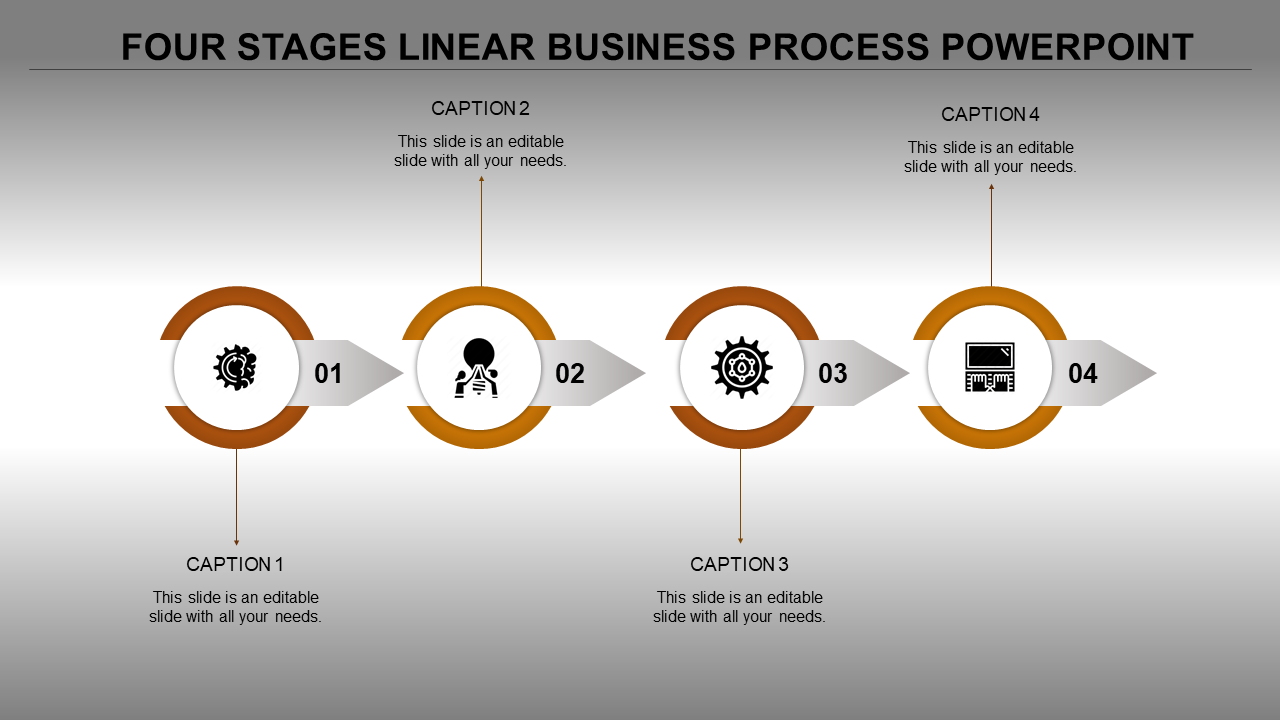 Four step linear process with yellow circular graphics and arrow connectors, labeled 01 to 04 placed in a white background. 