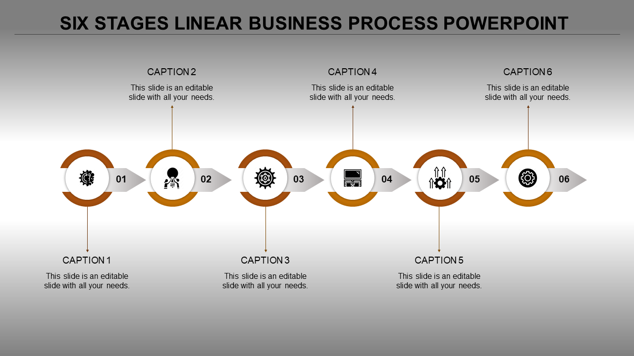 Horizontal sixnstep timeline with gold rings and numbered icons from 01 to 06, linked to captions areas.