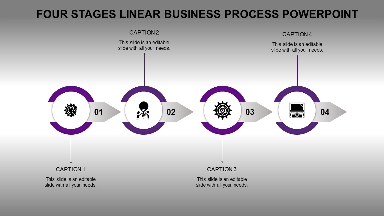 Four stage linear business process diagram with purple circular elements, numbered steps, icons, and captions.