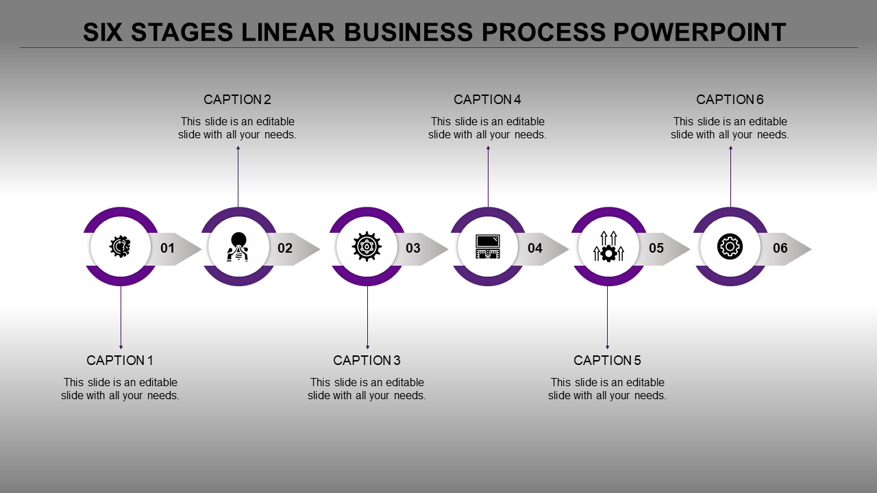 Six stage linear business process slide with purple circular icons, numbered steps, and gray arrows on a gradient background.