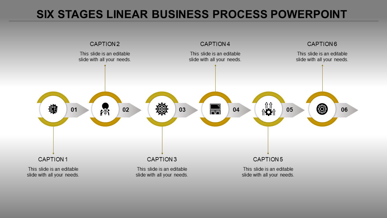 Six step business process flow with red circles, numbered from 01 to 06, connected by silver arrows.