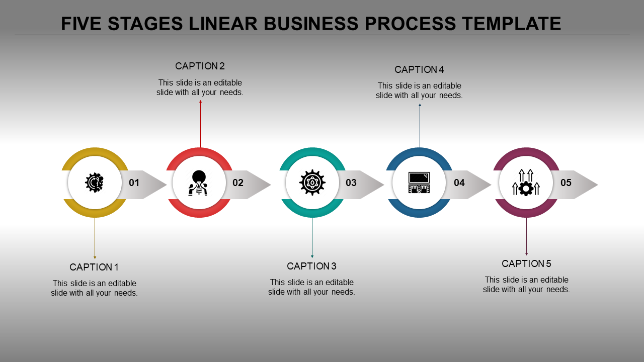A 5 stage business process timeline slide featuring circular markers in yellow, red, green, blue, and purple with icons.