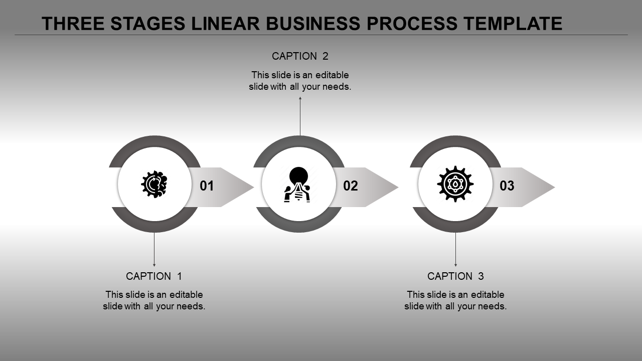 A grey themed three stage business process template, featuring circular markers with gear icons and caption areas.
