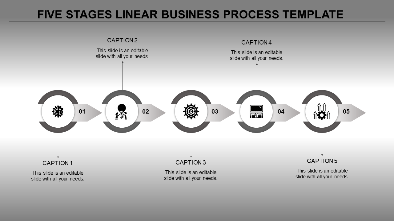 A grey themed 5 stage business process template with circular markers, each featuring an icon and caption area.
