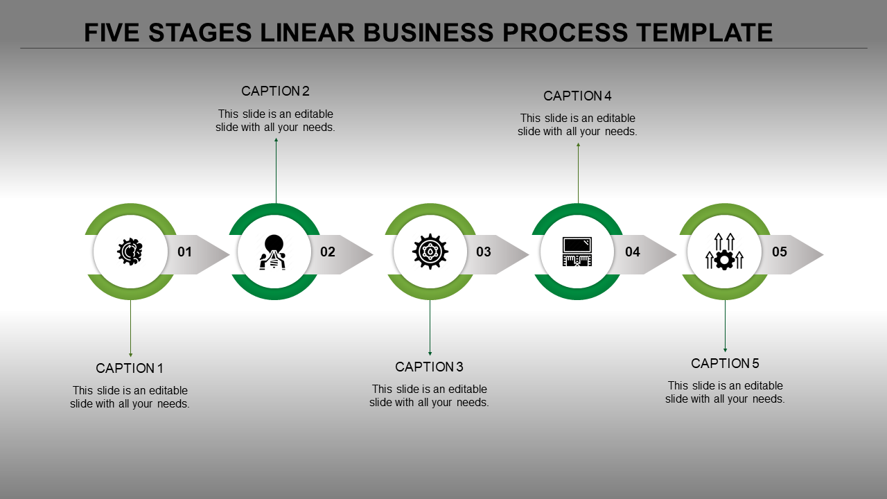 Business process template with five linked circular steps in green, each containing an icon and text placeholder.