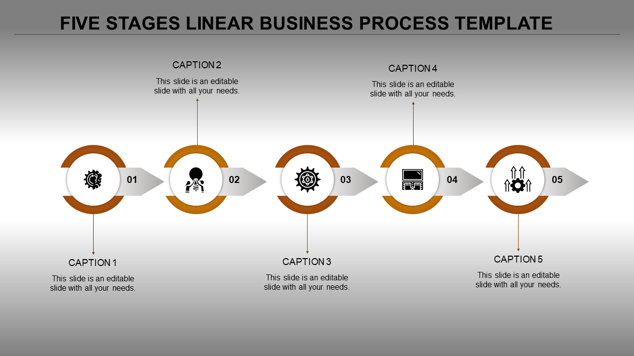 Four step linear process with yellow circular graphics and arrow connectors, labeled 01 to 04 with caption areas.